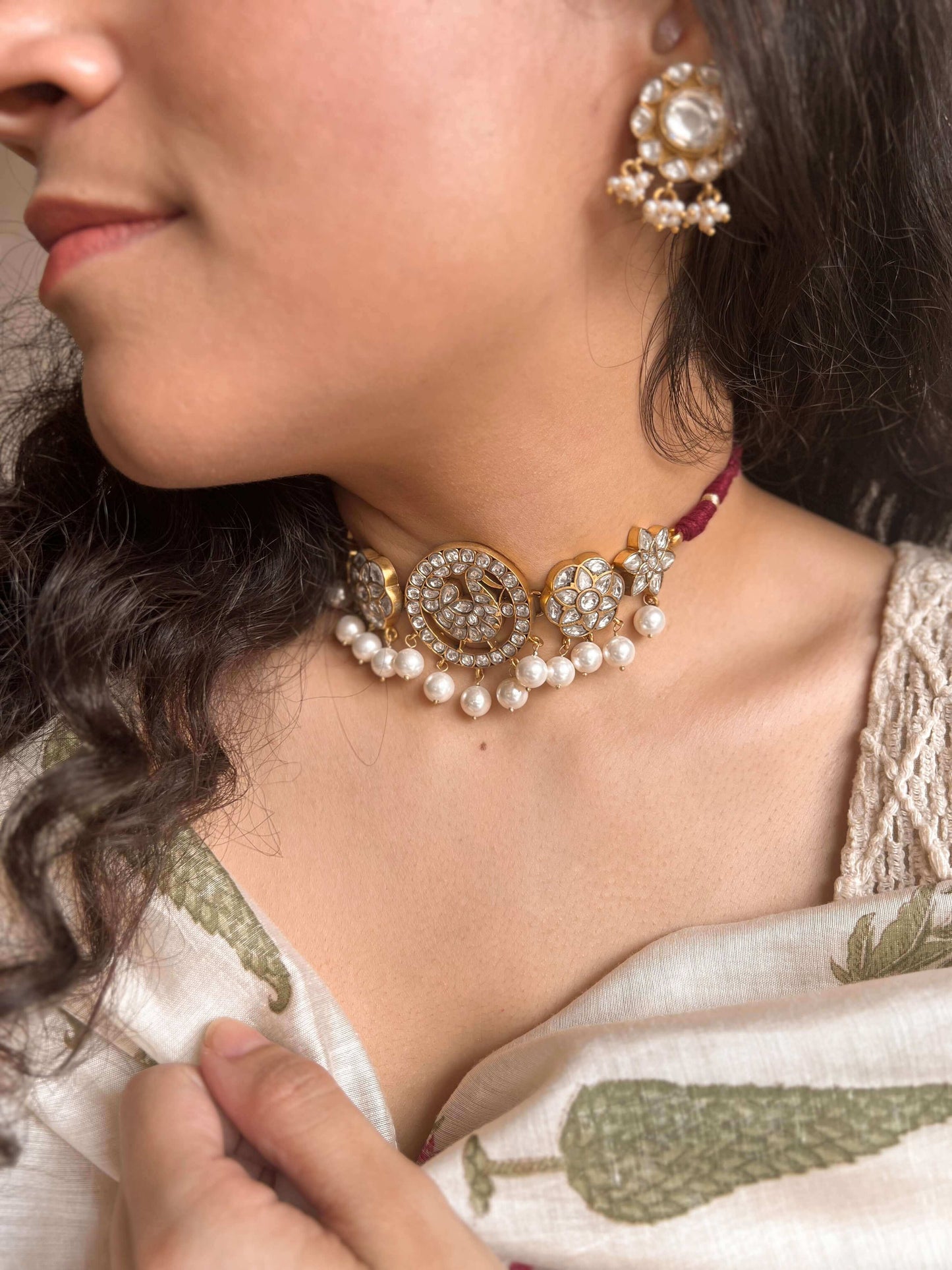 Sanvitha gold plated silver necklace set in polki and pearl