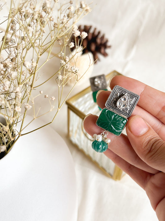 Manjari oxidised silver earring with jade stone detail