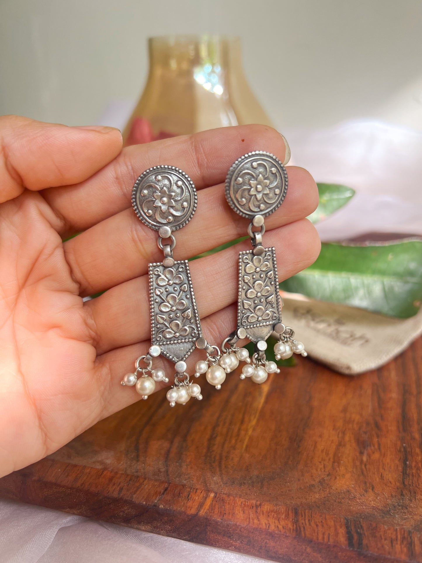 Veda oxidised silver dangler with cluster pearls