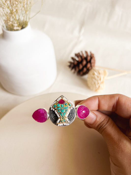 Suvarna silver kada with turq and pink ruby stone detail