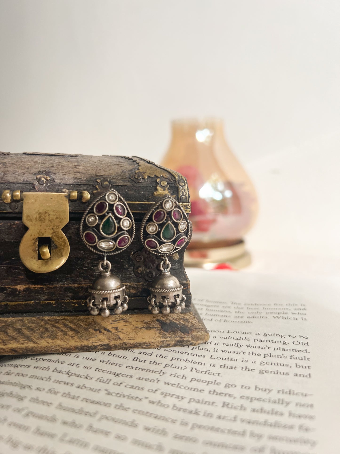 Kalapi oxidised silver jhumki with kundan stones