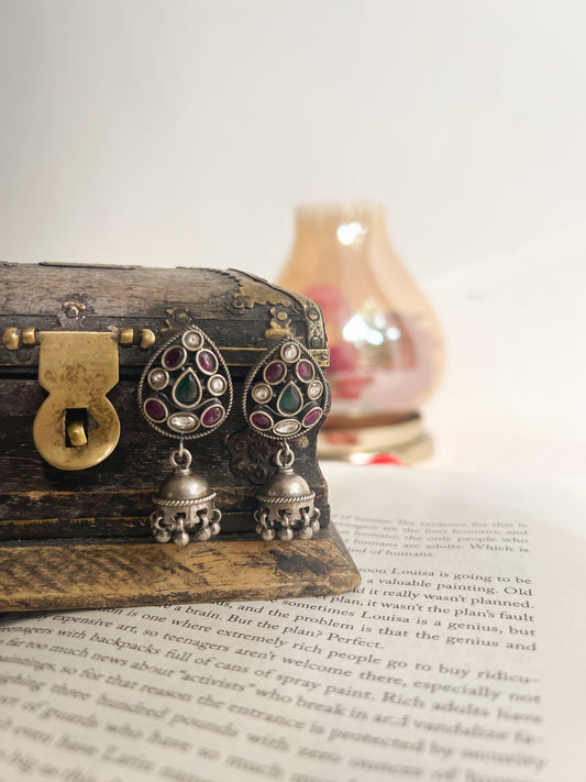 Kalapi oxidised silver jhumki with kundan stones
