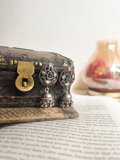 Kalapi oxidised silver jhumki with kundan stones