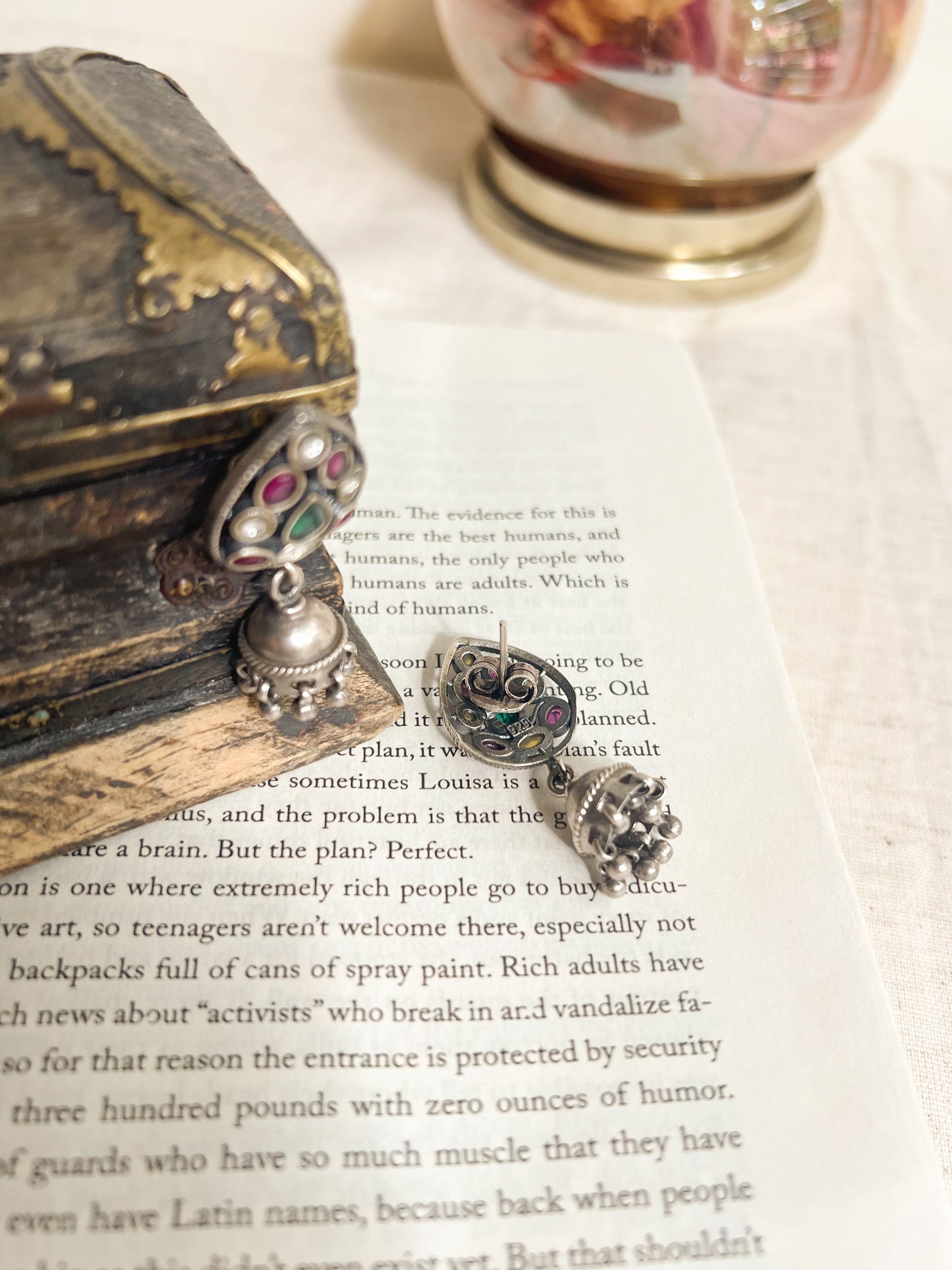 Kalapi oxidised silver jhumki with kundan stones