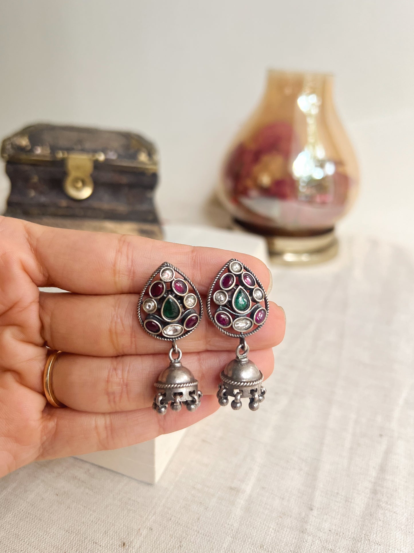 Kalapi oxidised silver jhumki with kundan stones