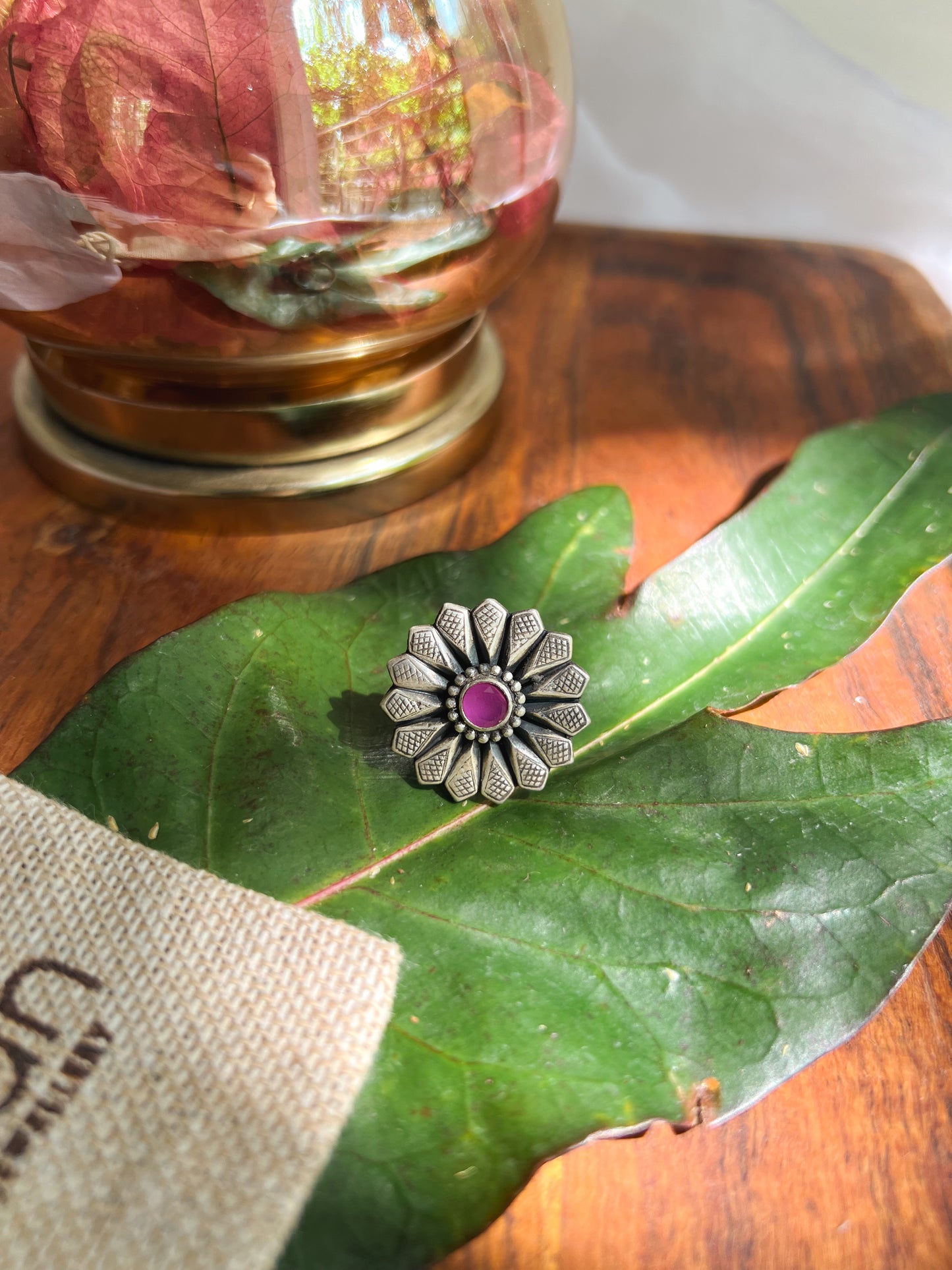 Teertah oxidised silver ring with pink onyx (adjustable)