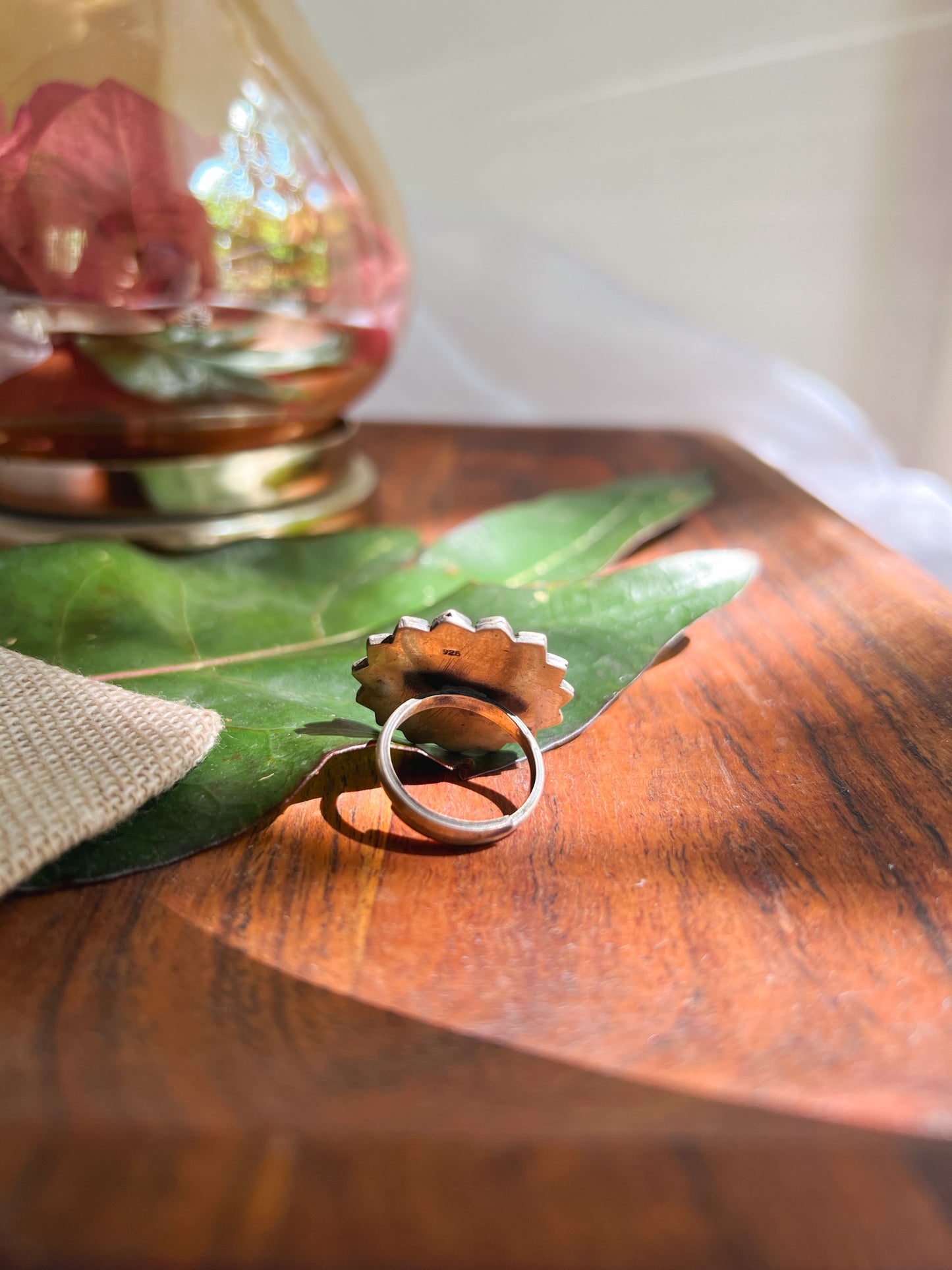 Teertah oxidised silver ring with pink onyx (adjustable)