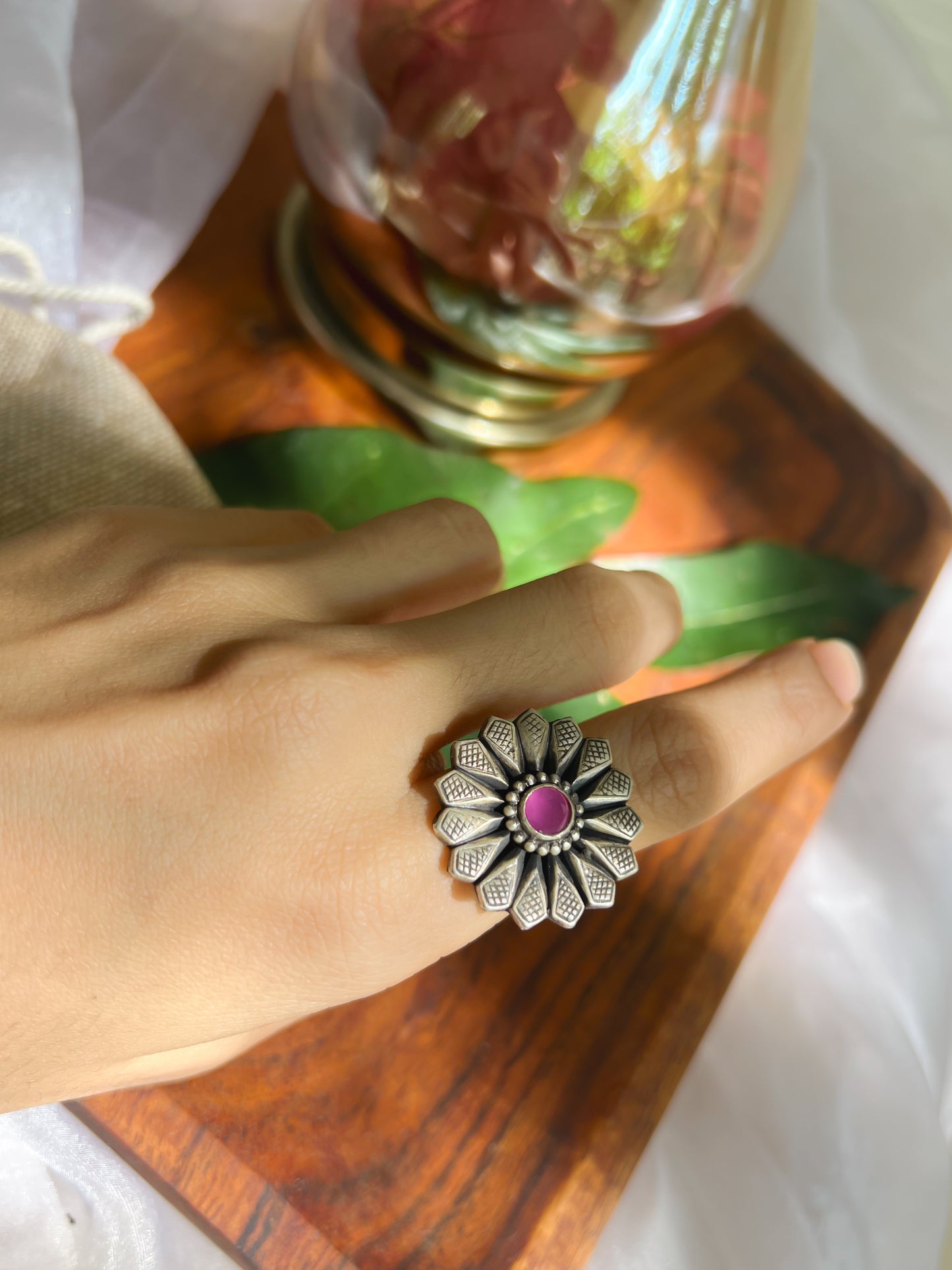 Teertah oxidised silver ring with pink onyx (adjustable)