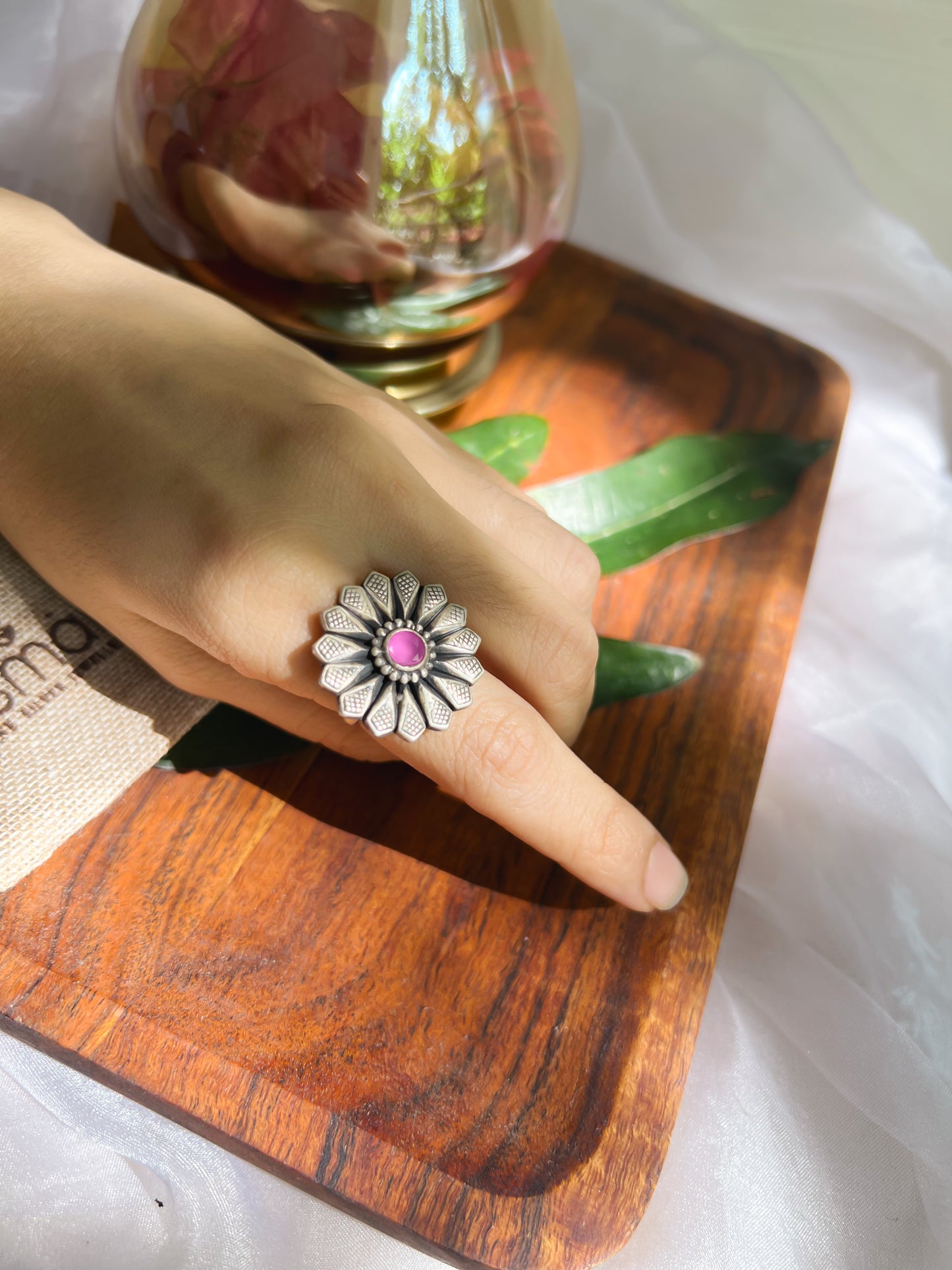 Teertah oxidised silver ring with pink onyx (adjustable)