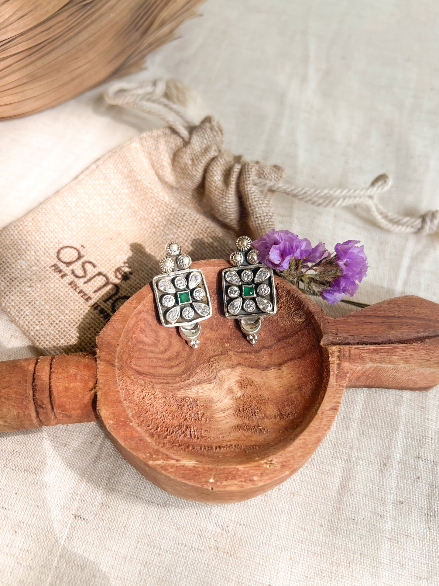 Sathiya square studs in sterling silver with kundan detail