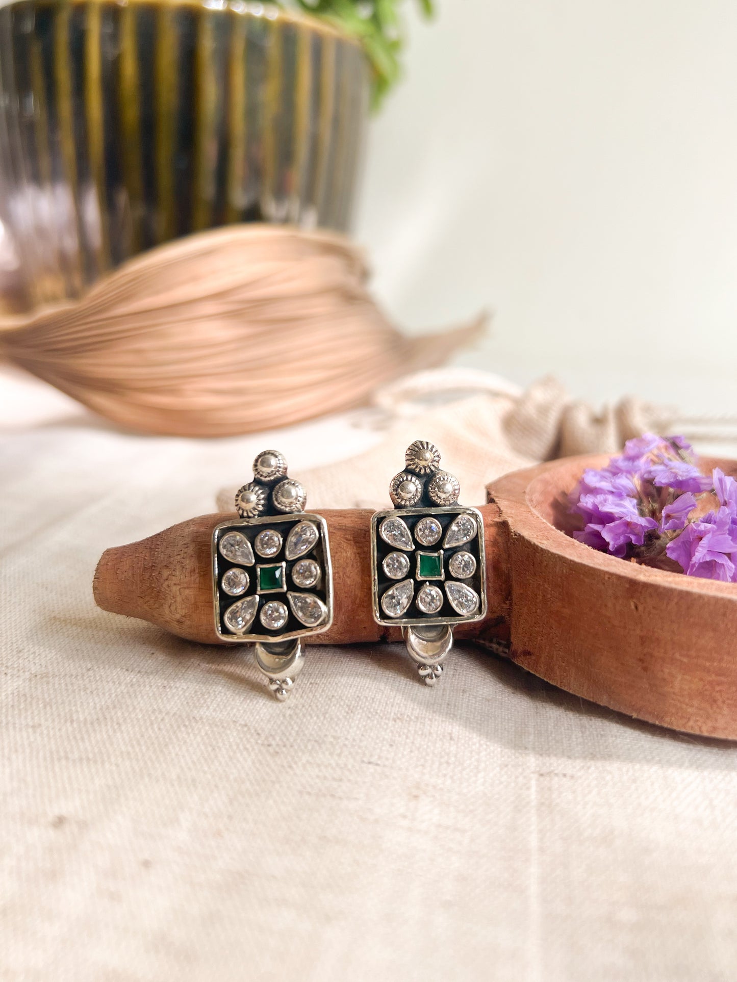 Sathiya square studs in sterling silver with kundan detail