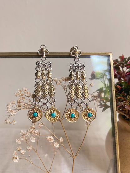 Mudra dual tone silver danglers with turquoise stones