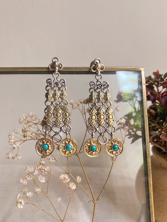 Mudra dual tone silver danglers with turquoise stones