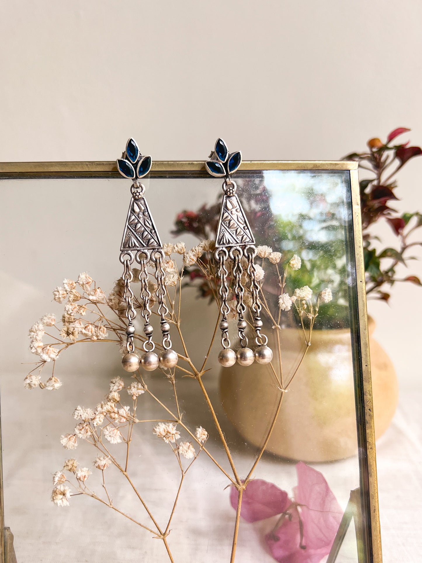 Revati oxidised silver danglers with blue topaz