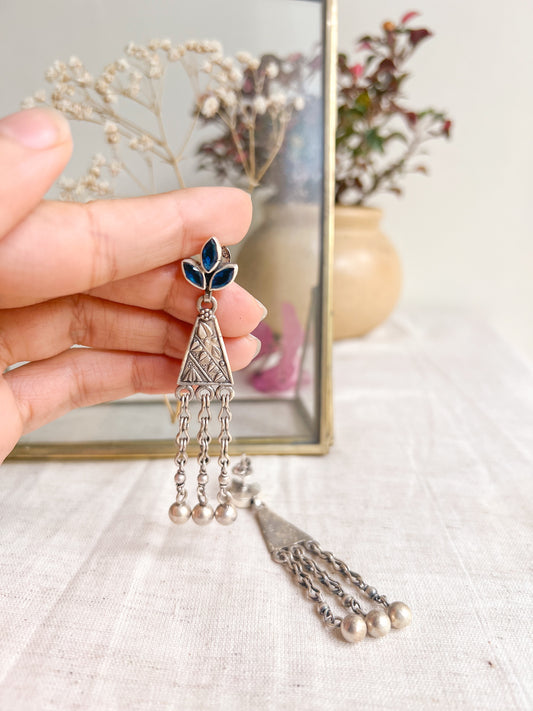 Revati oxidised silver danglers with blue topaz