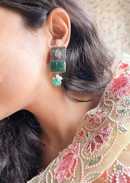 Manjari oxidised silver earring with jade stone detail