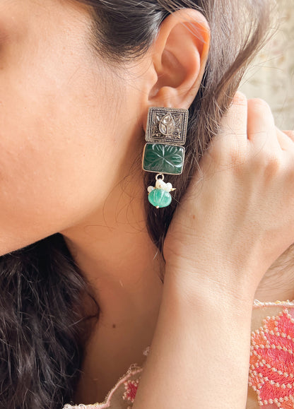 Manjari oxidised silver earring with jade stone detail