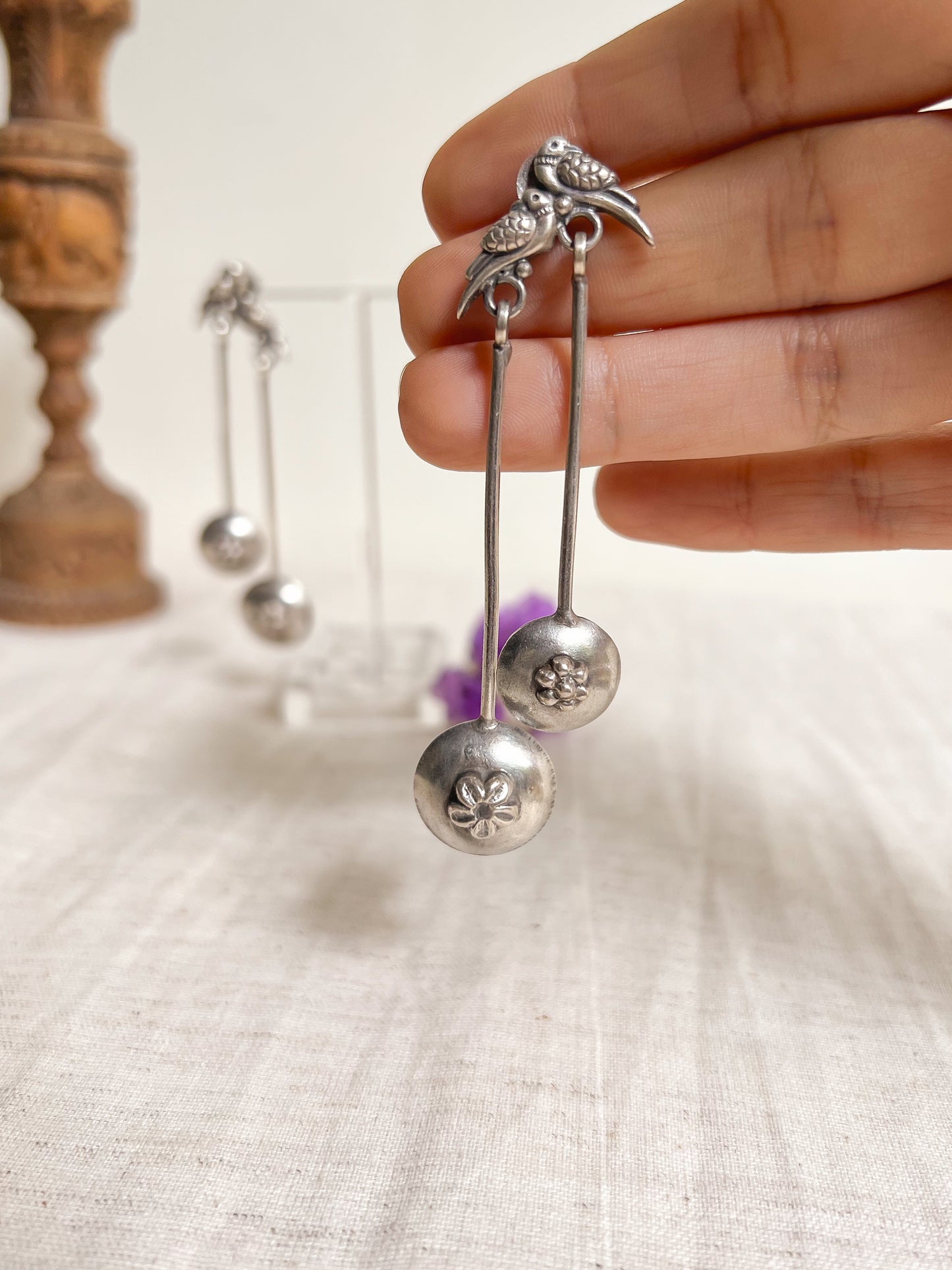 Saira oxidised silver danglers with bird motif