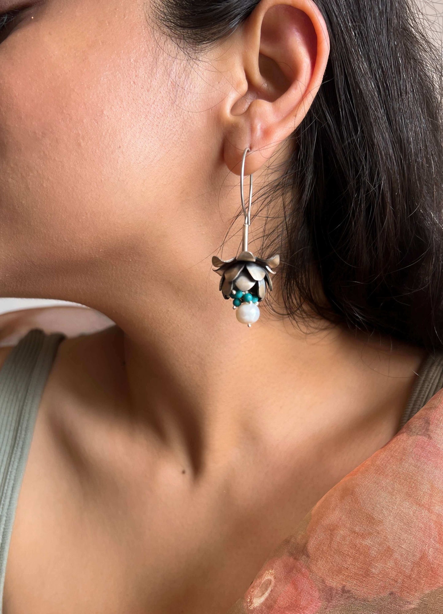 Neeraja silver danglers with turquoise bead and statement fish hook