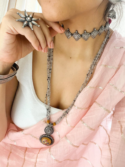 Baadal oxidised silver long necklace with yellow jasper stone