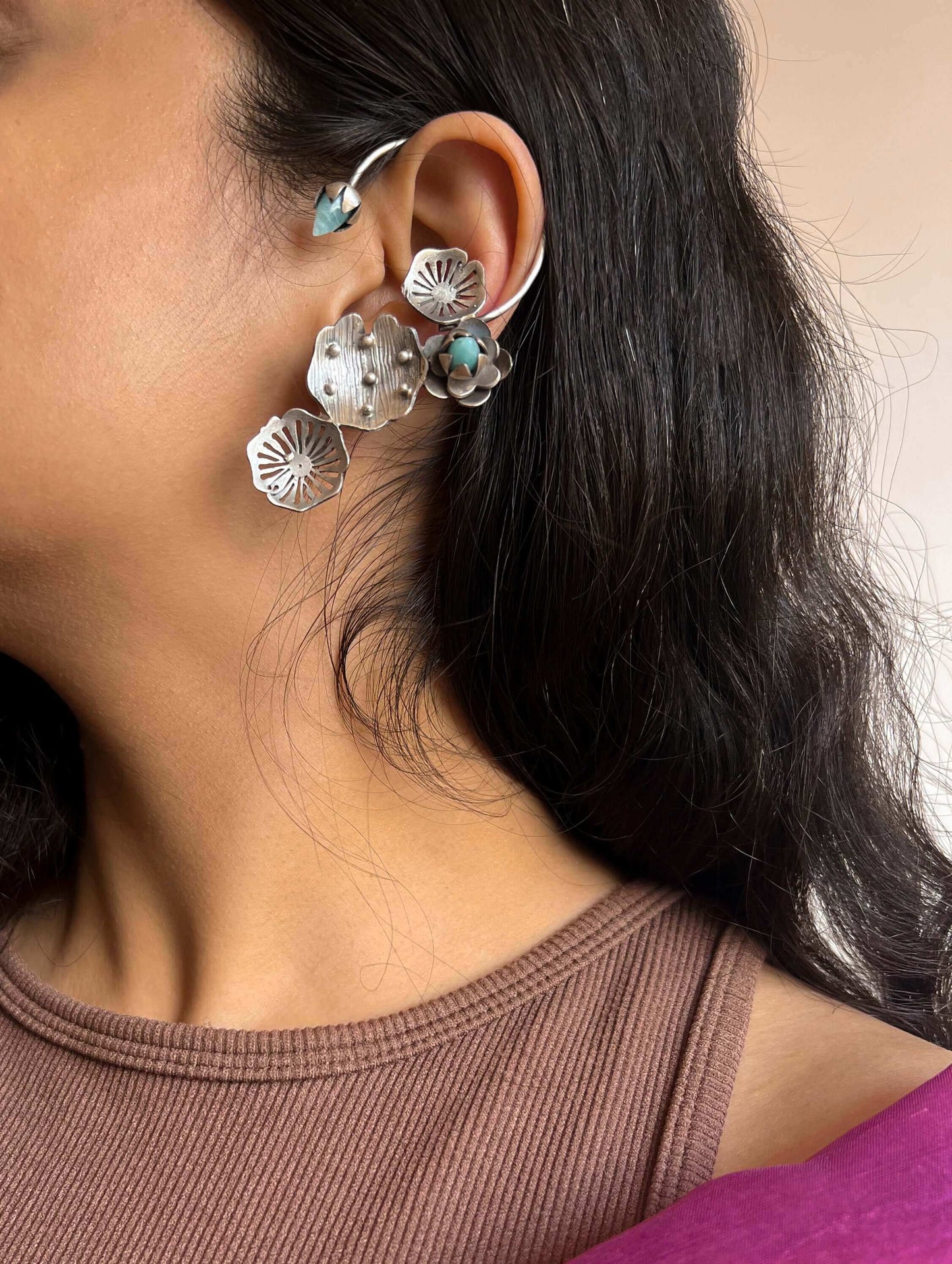 Shravani earcuffs in silver with blue calcite stone