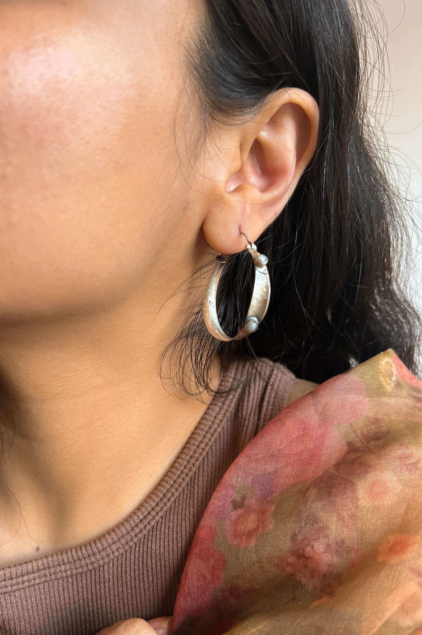 Ruhi oxidised silver hoops with natural pearl detail