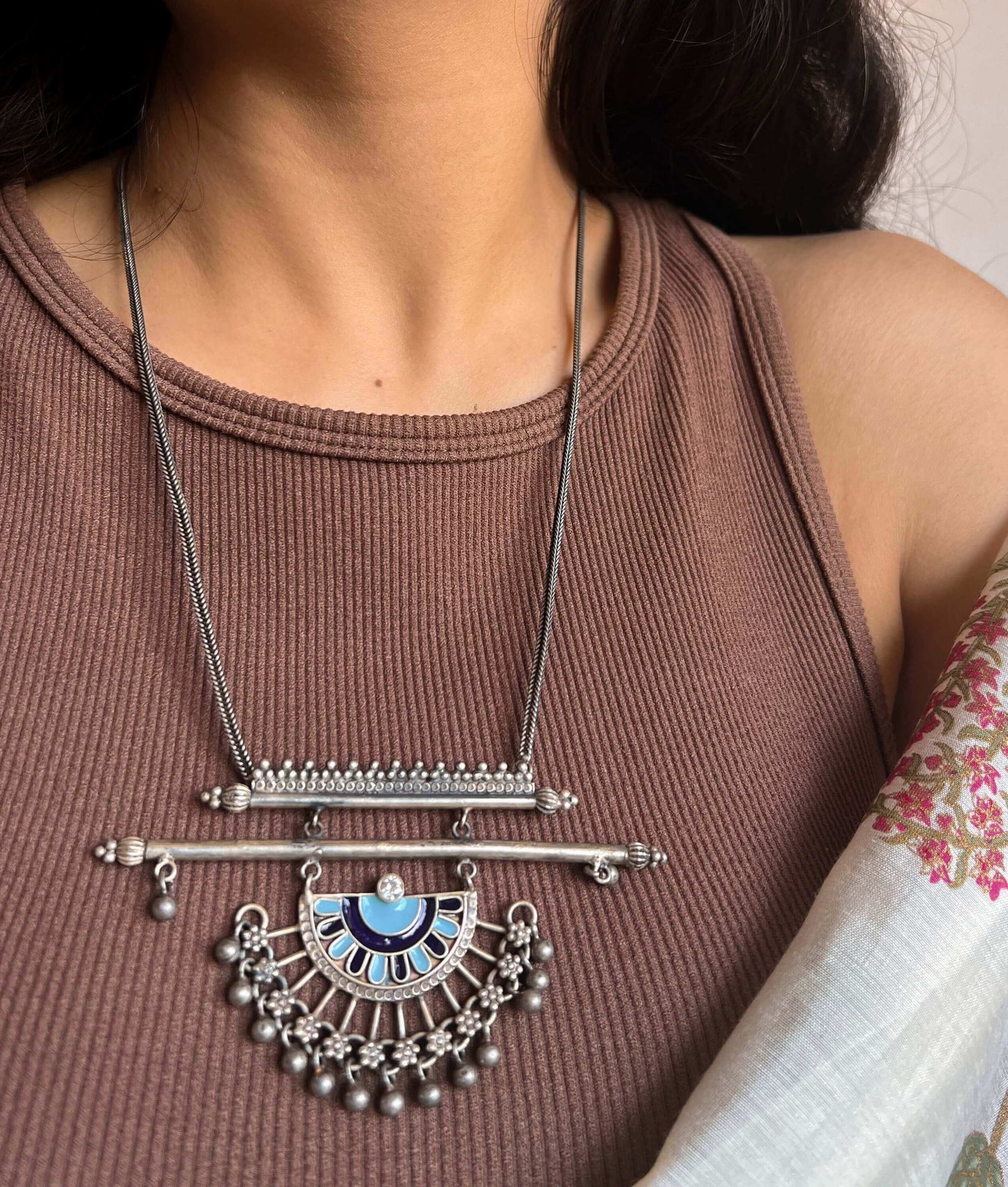 Adhyavi long silver necklace with enamel pendant