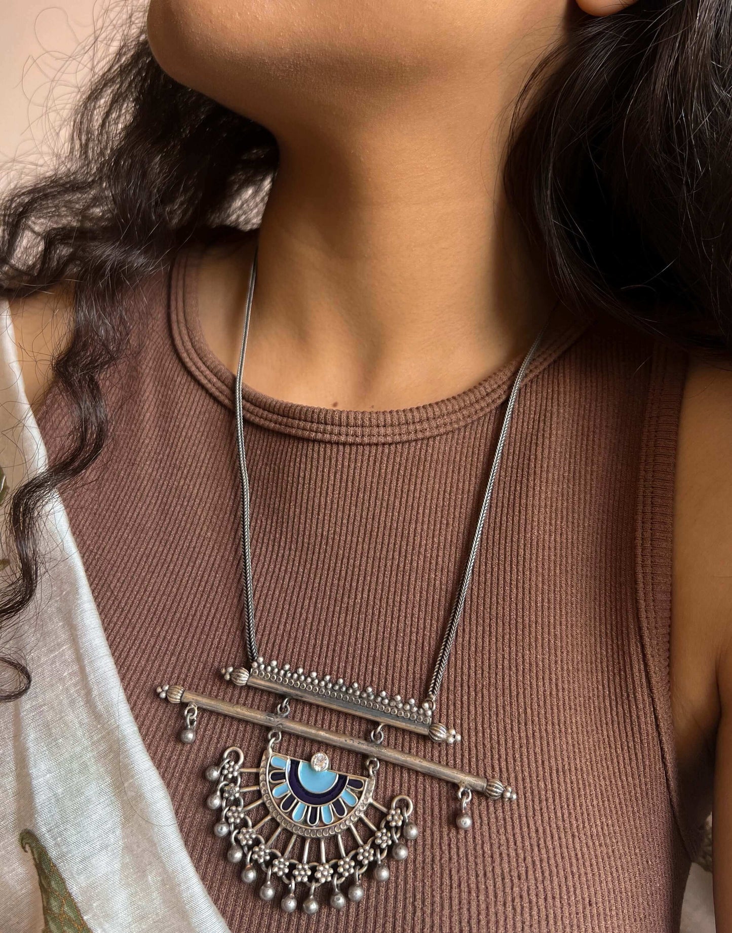 Adhyavi long silver necklace with enamel pendant