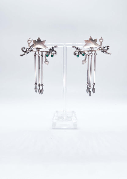 Arundhati silver lotus danglers with emerald stone