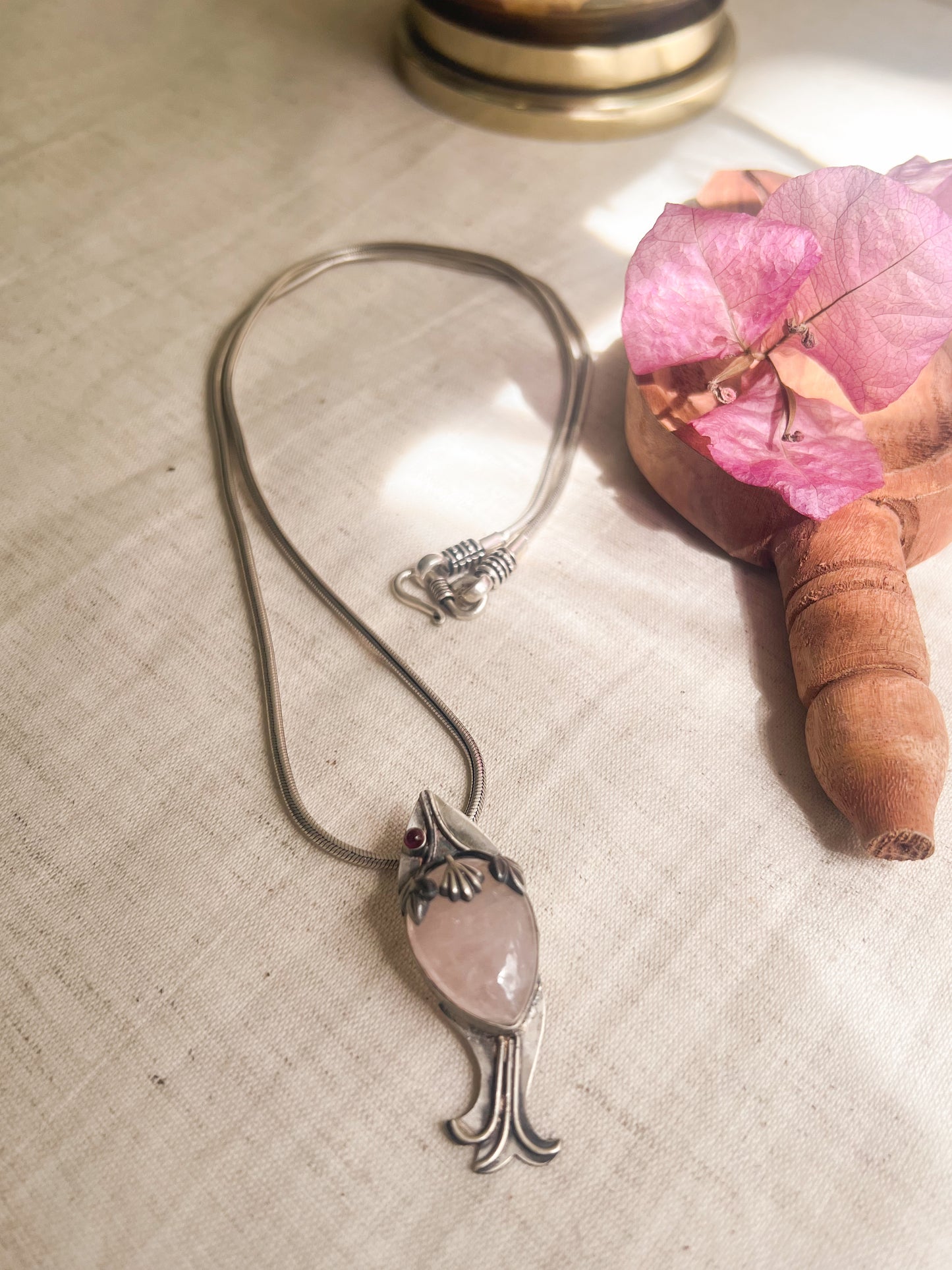 Matsya pendant with pink quartz in silver