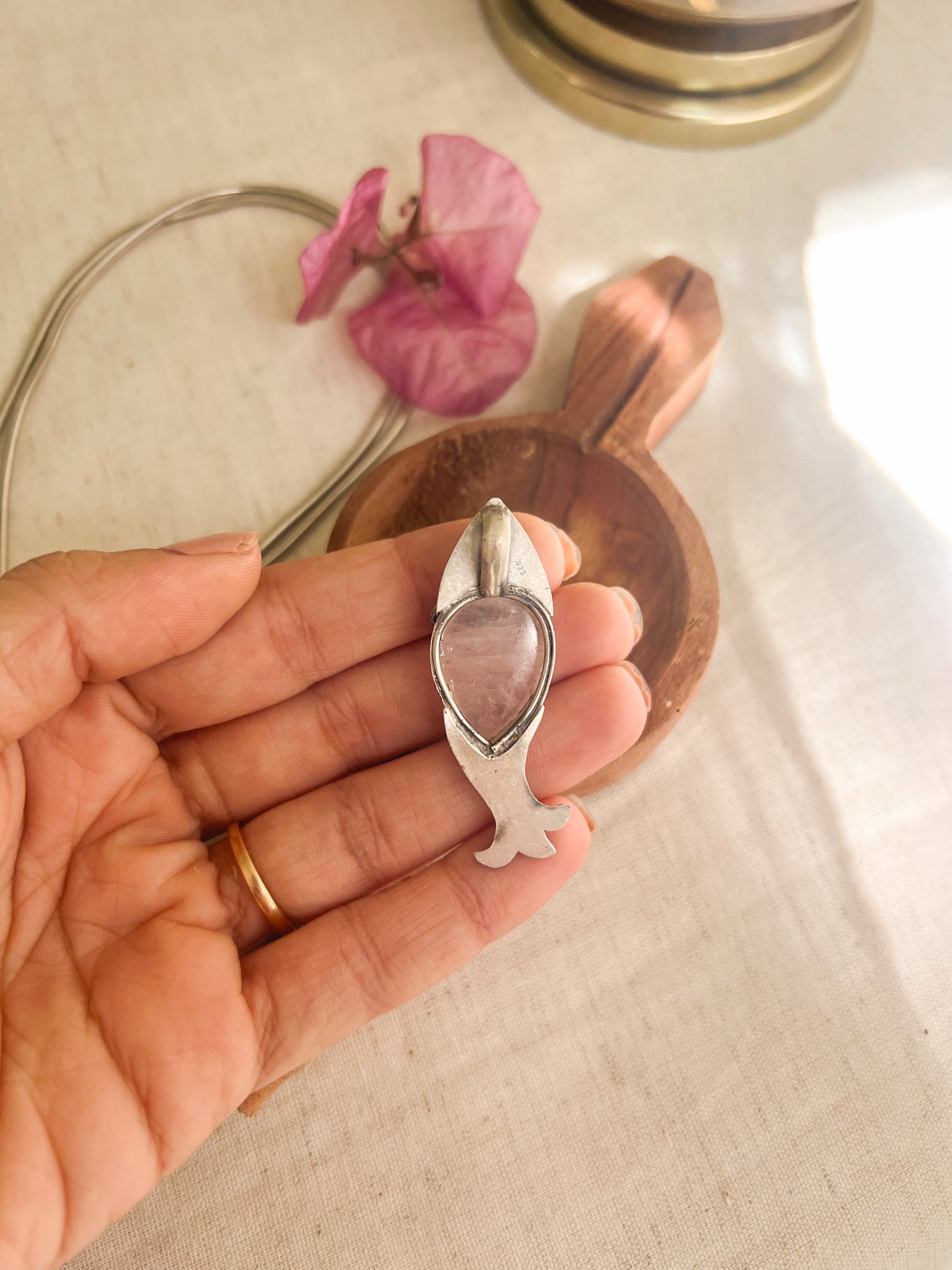 Matsya pendant with pink quartz in silver