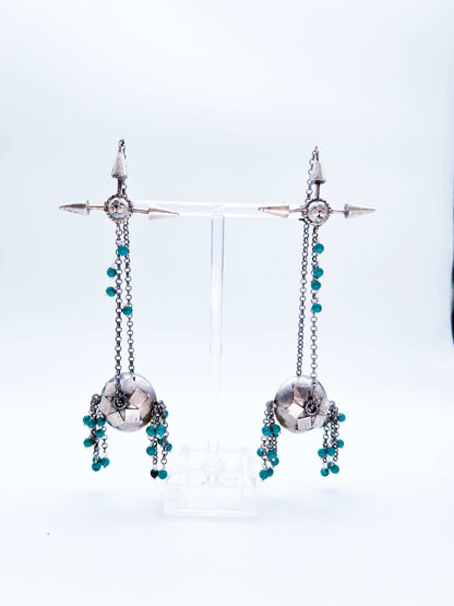Vanshni long silver danglers with ear chain and turquoise beads