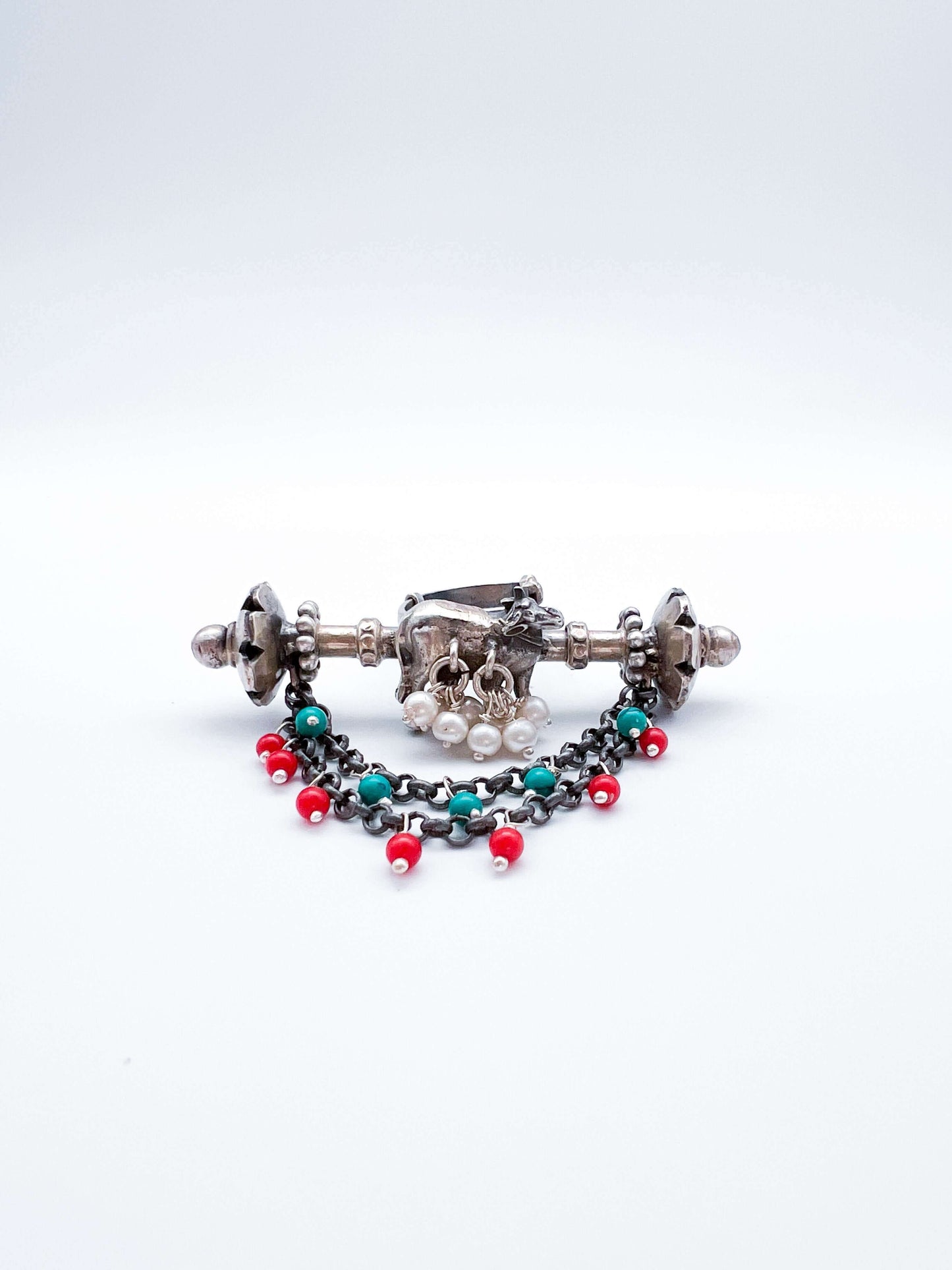 Nandika oxidised silver ring with pearl and chain detail