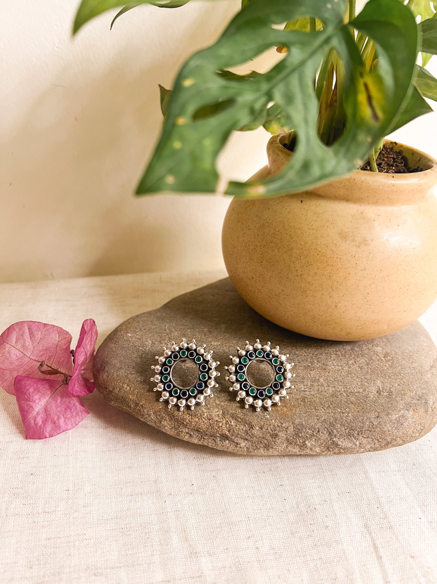 Chakra silver studs with emerald green and blue glass stone