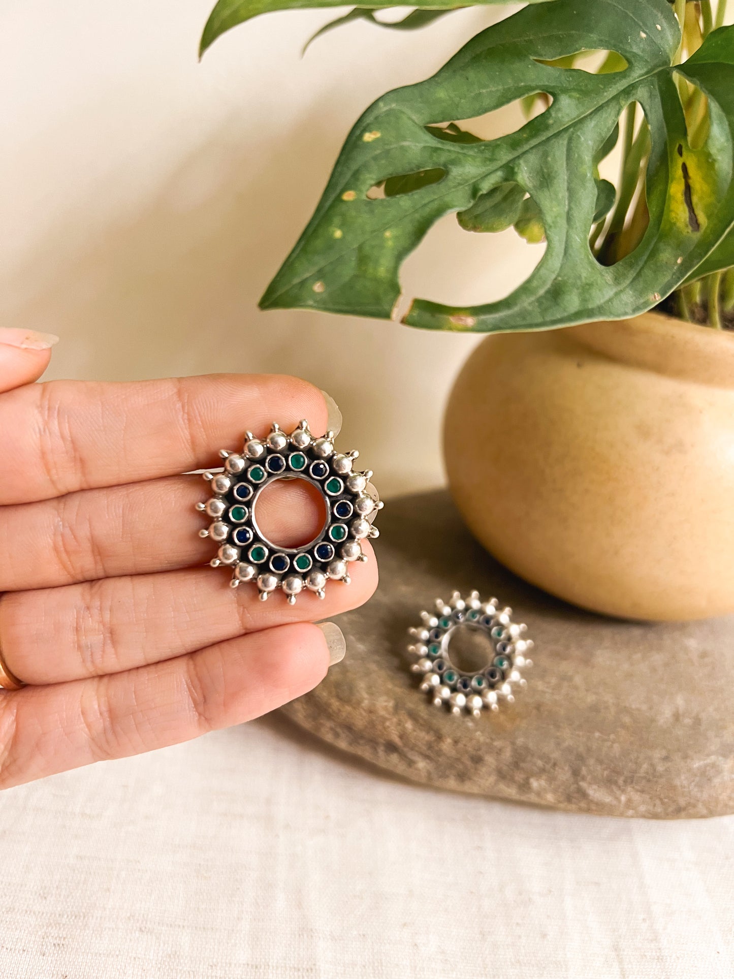 Chakra silver studs with emerald green and blue glass stone