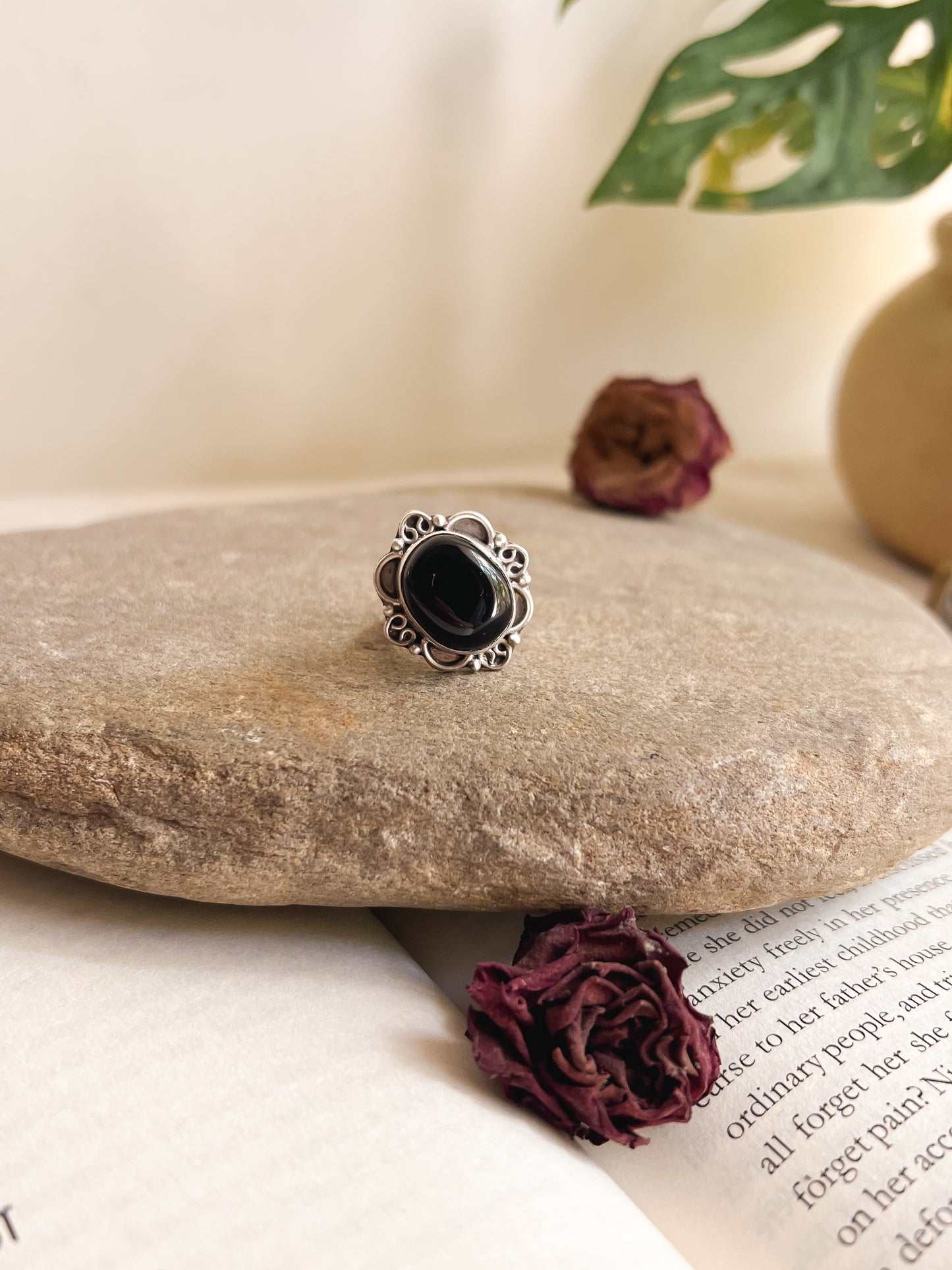 Nabha oxidised silver ring with black onyx stone (adjustable)
