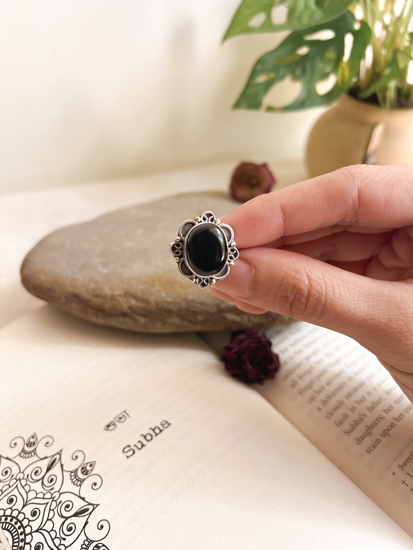Nabha oxidised silver ring with black onyx stone (adjustable)