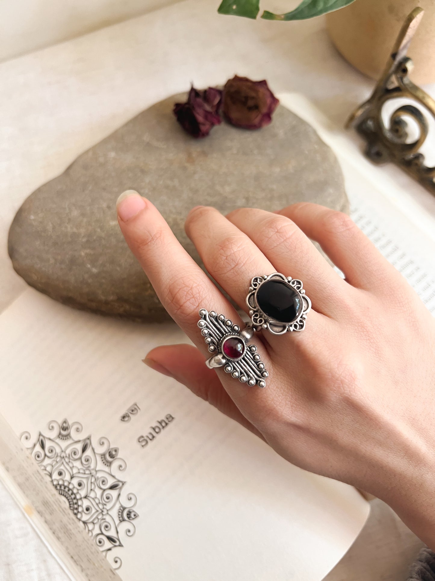 Nabha oxidised silver ring with black onyx stone (adjustable)