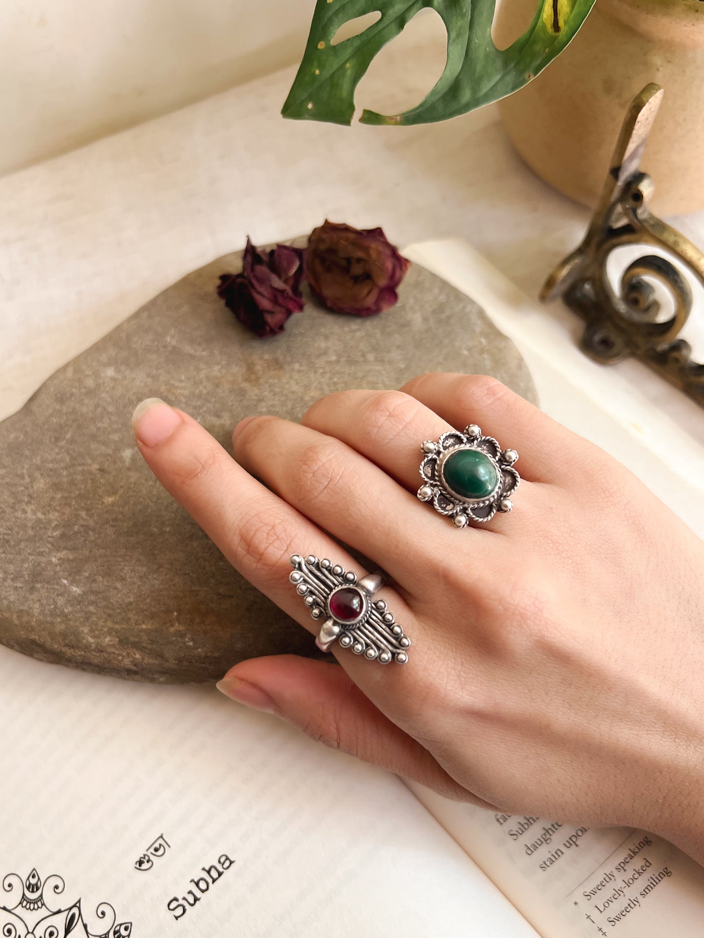 Dhala oxidised silver ring with garnet stone (adjustable)