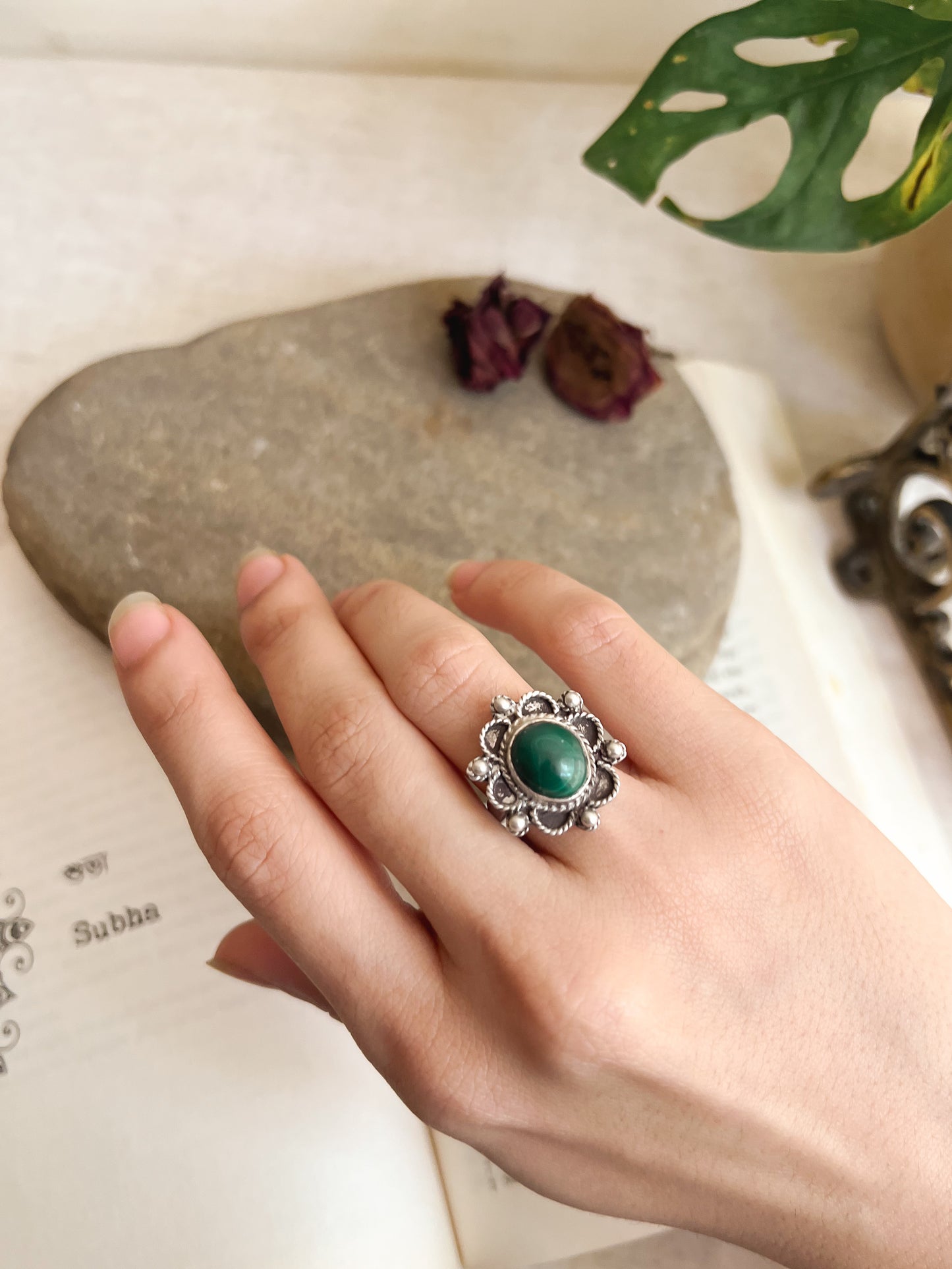 Dhara oxidised silver ring with malachite stone (adjustable)