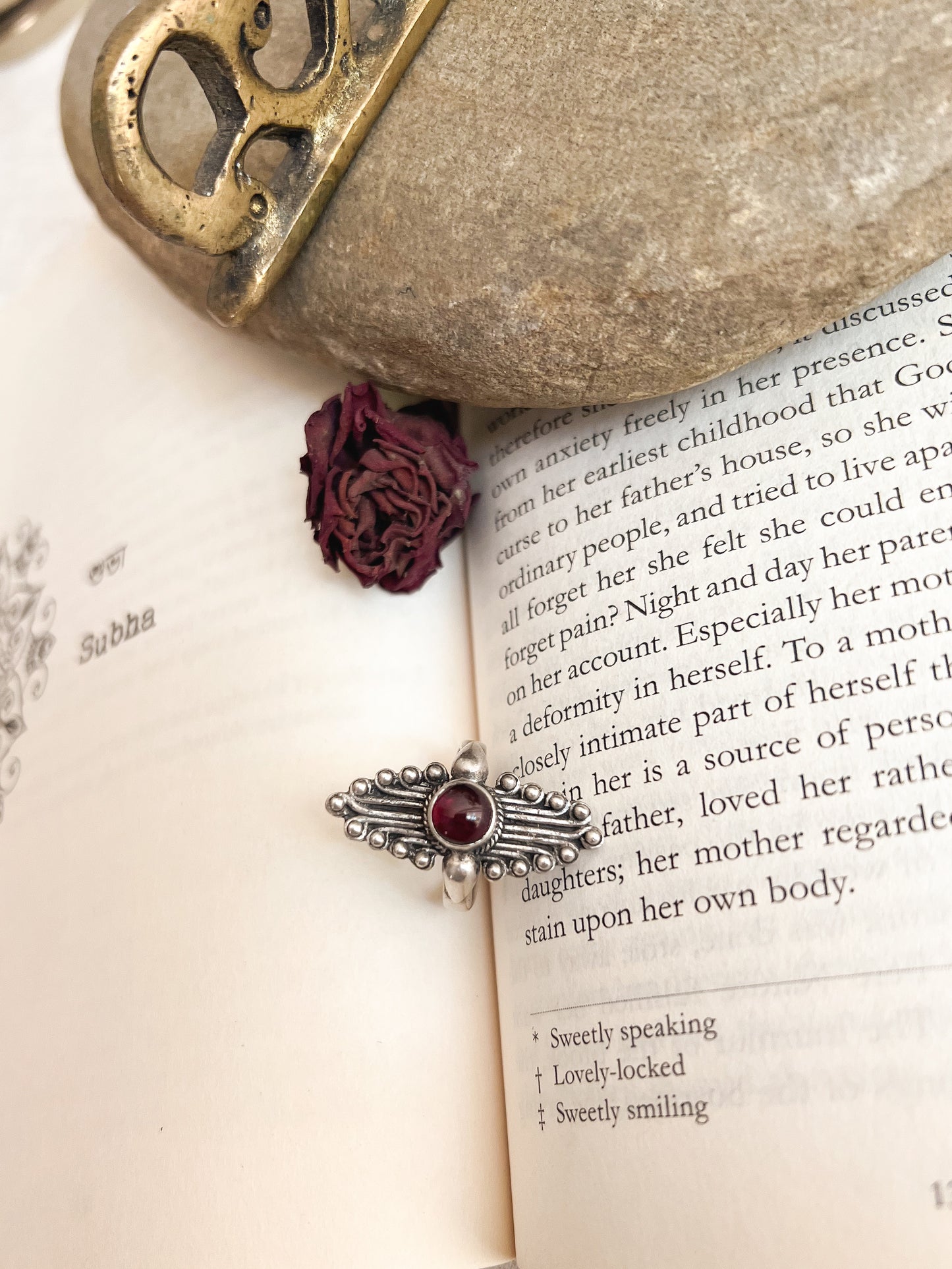 Dhala oxidised silver ring with garnet stone (adjustable)
