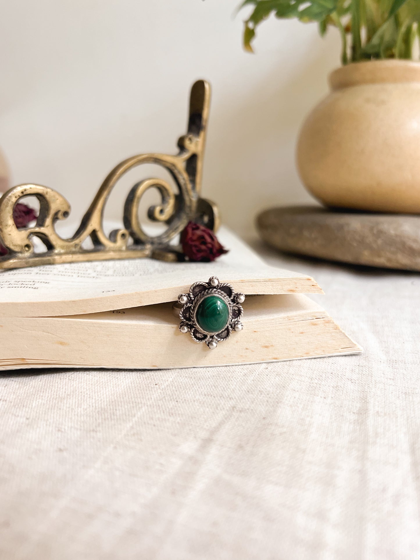 Dhara oxidised silver ring with malachite stone (adjustable)