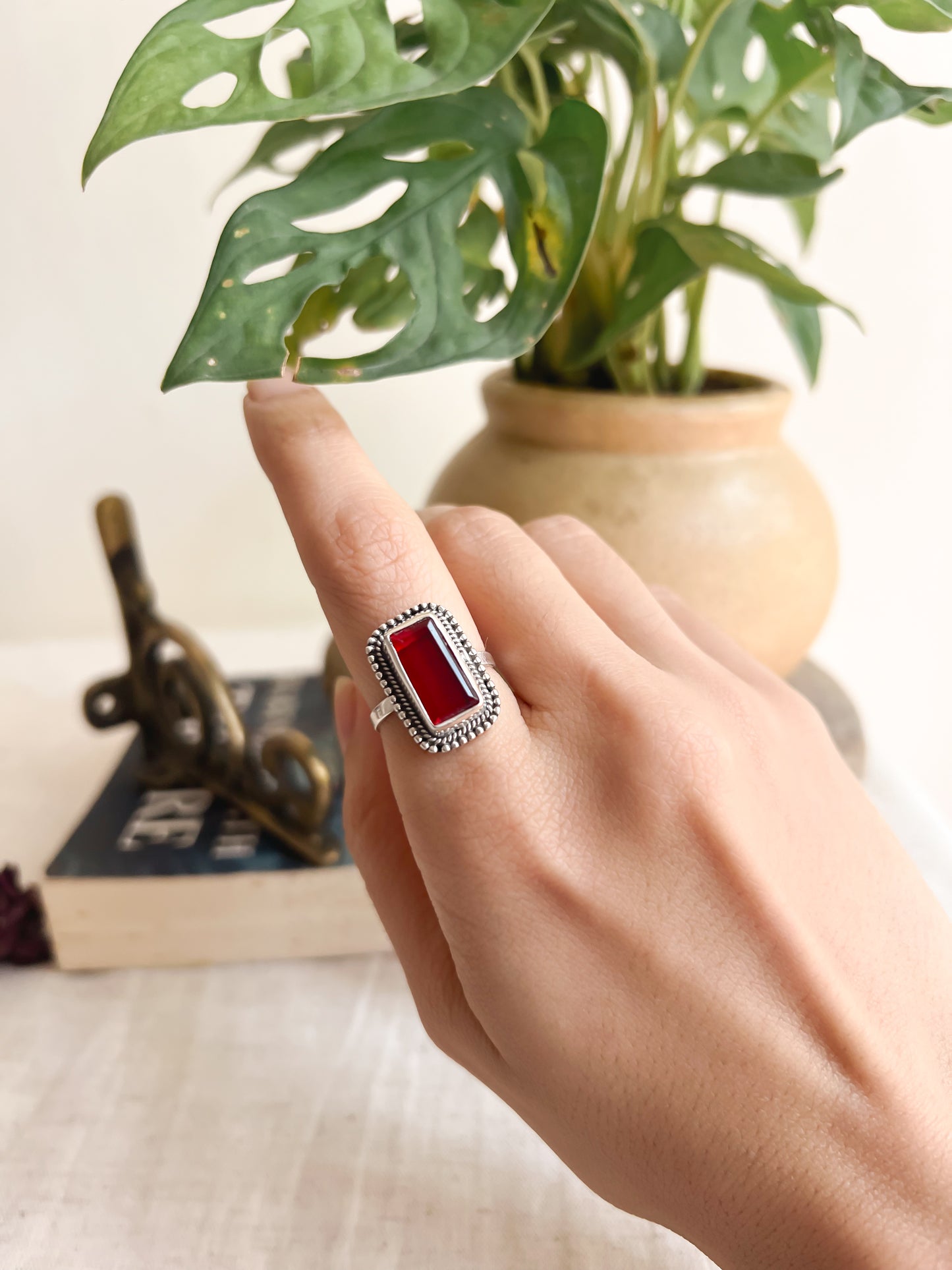 Shakti oxidised silver ring with red onyx (adjustable)