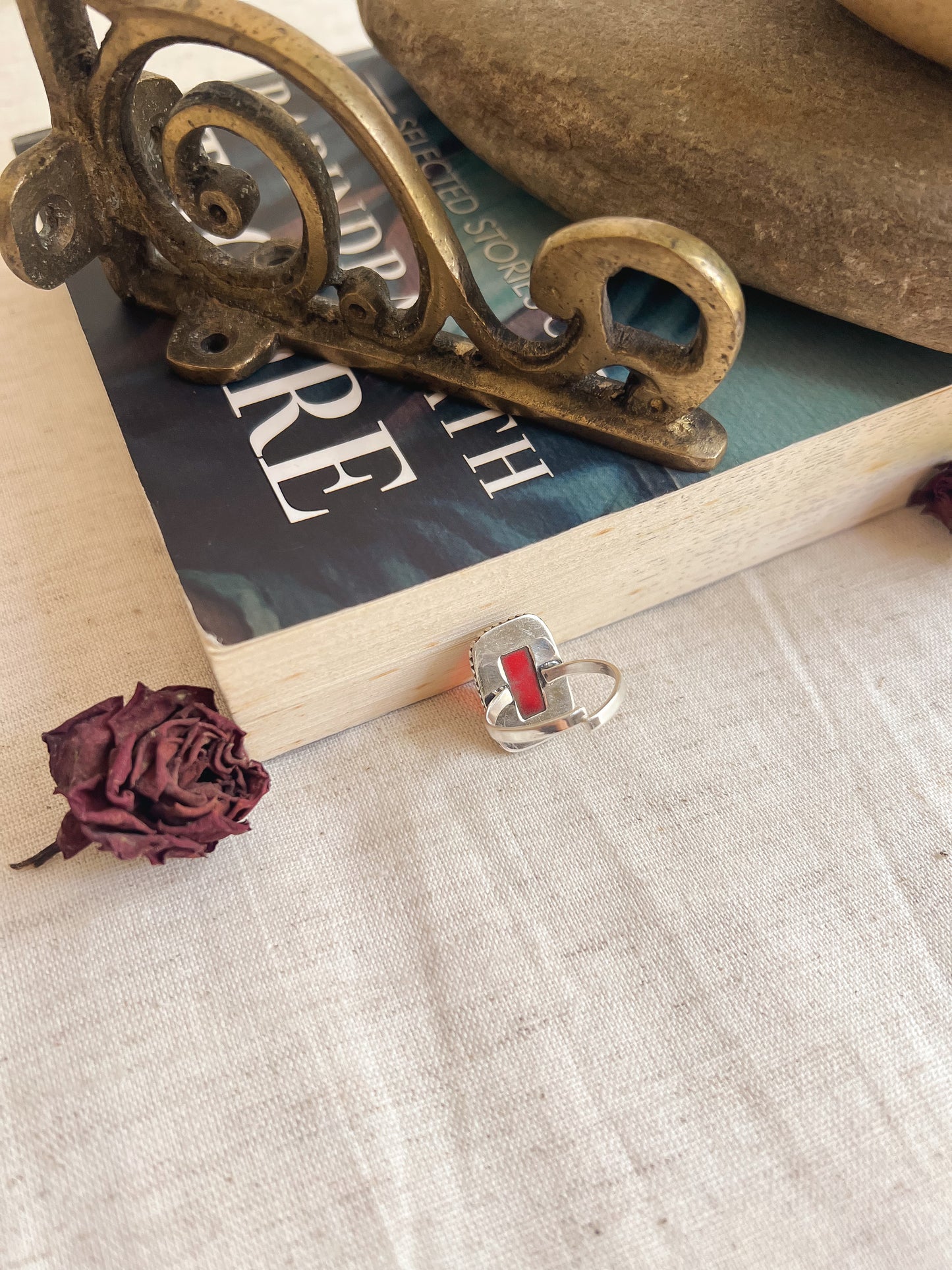 Shakti oxidised silver ring with red onyx (adjustable)