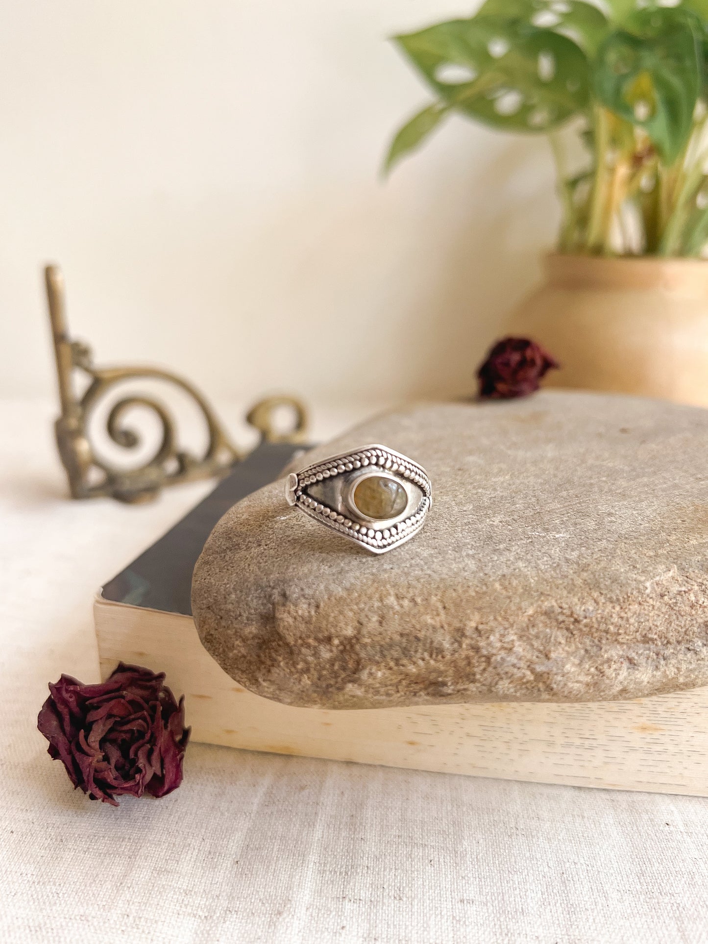 Veera oxidised silver ring with labrodite stone (adjustable)