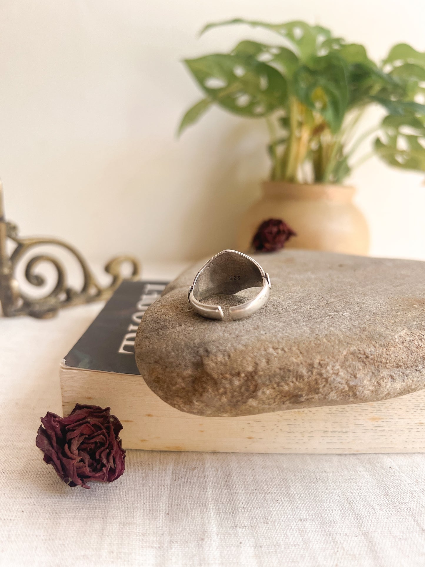 Veera oxidised silver ring with labrodite stone (adjustable)