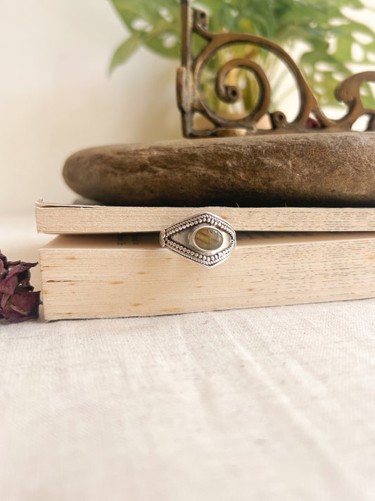 Veera oxidised silver ring with labrodite stone (adjustable)