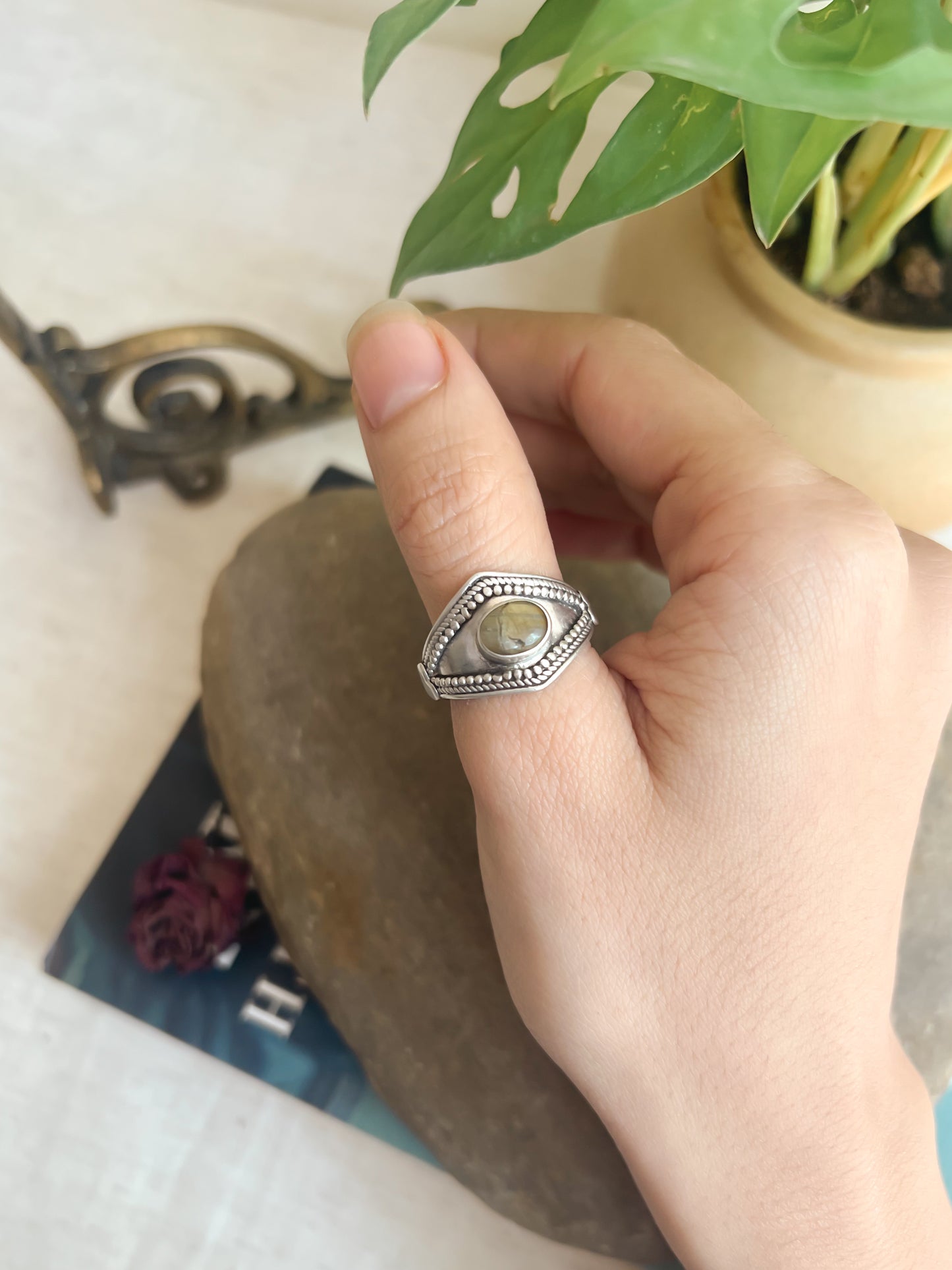 Veera oxidised silver ring with labrodite stone (adjustable)