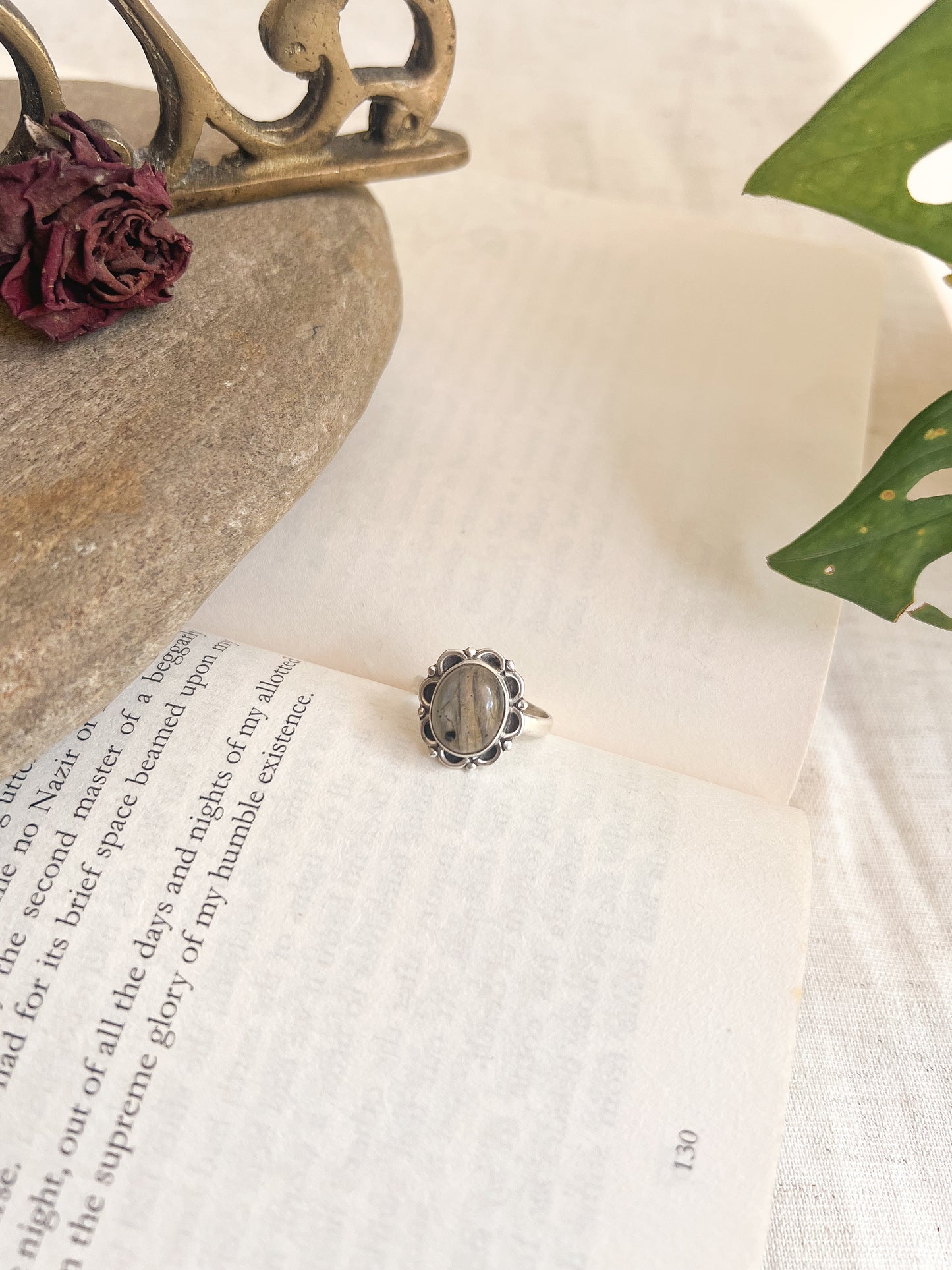 Poorna ring in silver with natural labrodite stone (adjustable)