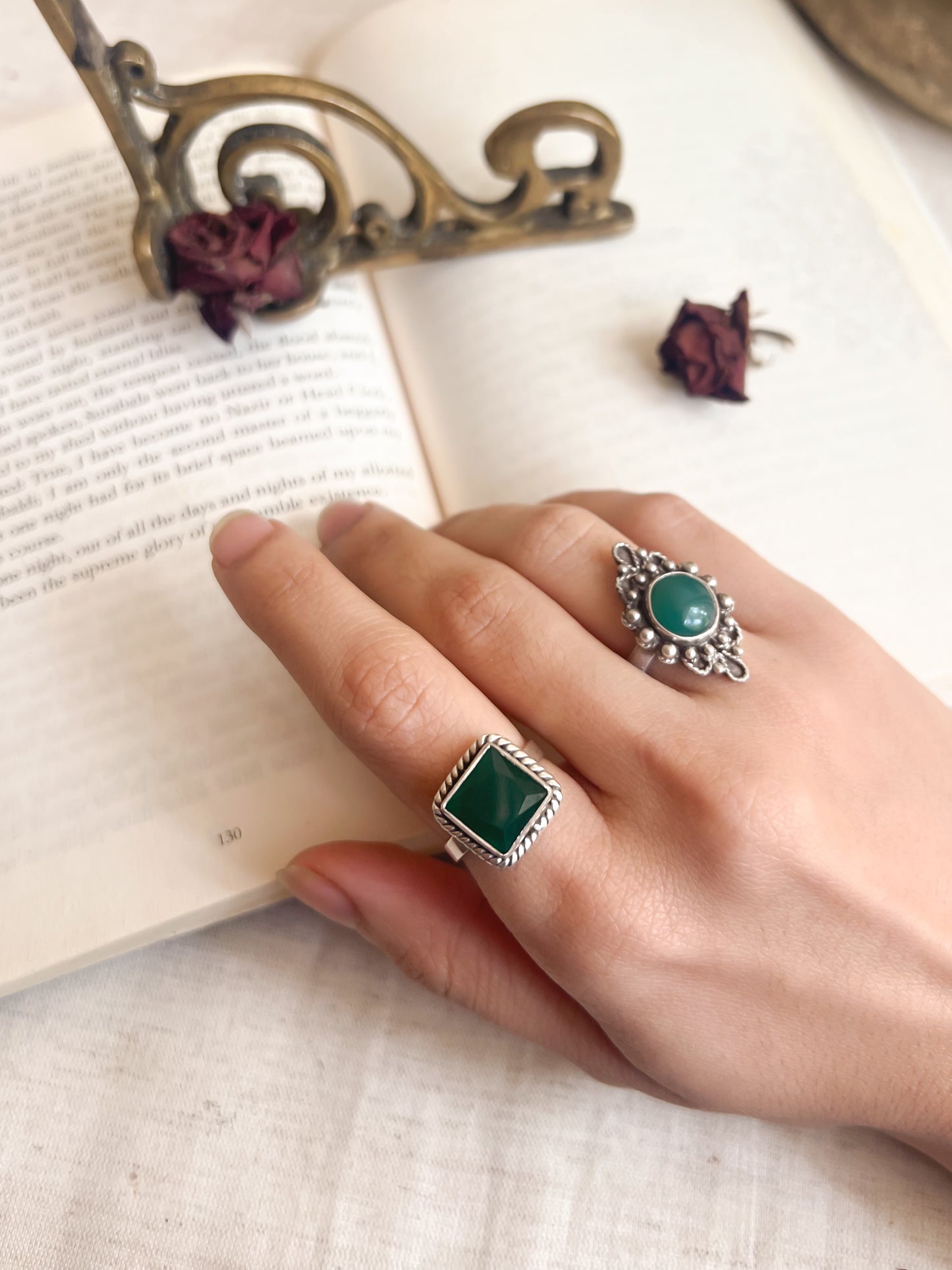 Kashish silver ring with square green onyx (adjustable)
